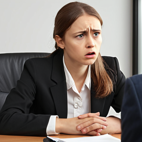 **

A job interview setting. An applicant is subtly criticizing their former workplace with a disgruntled expression. In the background, the interviewer looks concerned and unimpressed. Emphasize the negative body language of the applicant.

**