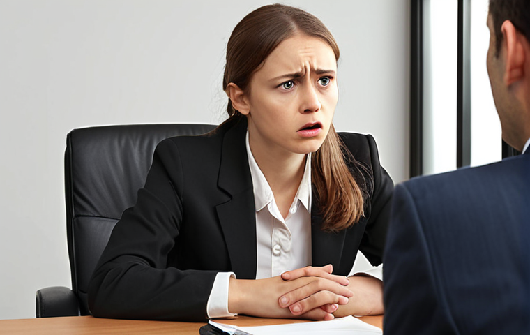 **

A job interview setting. An applicant is subtly criticizing their former workplace with a disgruntled expression. In the background, the interviewer looks concerned and unimpressed. Emphasize the negative body language of the applicant.

**
