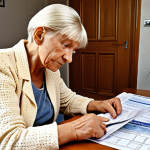 **A kind social worker sitting with an elderly woman (Astrid) helping her fill out a complicated Swedish housing benefit application form, lines of text and official documents around them, a sense of relief and understanding on Astrid's face.**