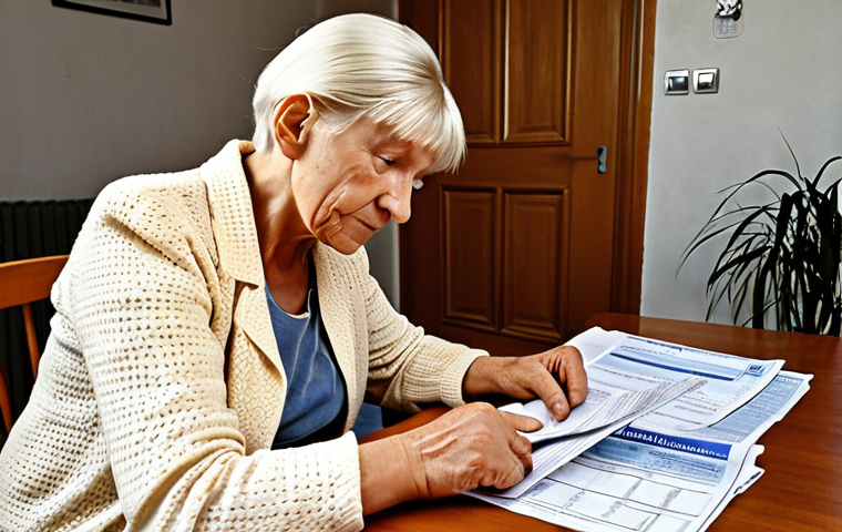 **A kind social worker sitting with an elderly woman (Astrid) helping her fill out a complicated Swedish housing benefit application form, lines of text and official documents around them, a sense of relief and understanding on Astrid's face.**