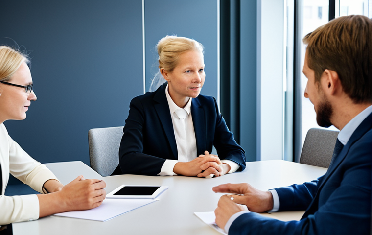 A diverse team of Swedish public sector professionals, including men and women of various ages, fully clothed in modest business attire, are gathered around a modern, collaborative table in a bright, contemporary government office. They are engaged in an open discussion, with one individual actively listening while another clearly articulates a point, demonstrating effective communication and mutual trust. Digital screens in the background display abstract, professional data visualizations. The overall atmosphere is highly collaborative and focused on shared understanding. This image is safe for work, appropriate content, professional, perfect anatomy, correct proportions, natural pose, well-formed hands, proper finger count, natural body proportions.