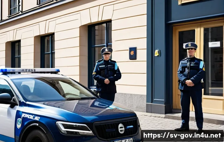 공무원 시험 응시 연령 제한과 전략 - A professional Swedish police officer in full uniform standing confidently outside a modern police s...