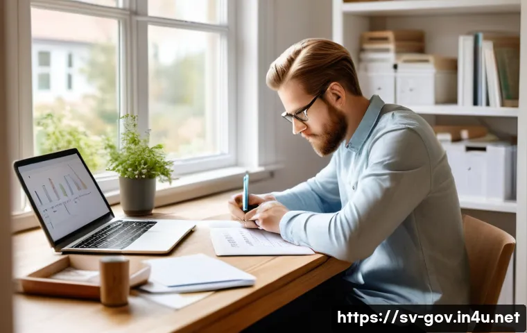 국가공무원 시험 중점 과목 학습법 - A focused Swedish adult student studying at a cozy home desk with natural daylight, surrounded by or...
