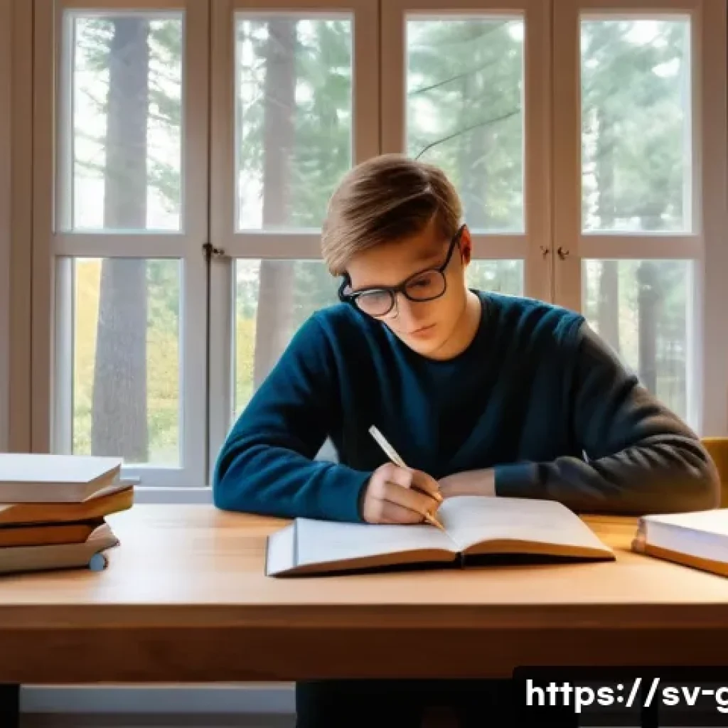 공무원 시험 준비 중 도움 되는 책 추천 - A cozy and well-lit Swedish study room featuring a young adult sitting at a wooden desk with neatly ...