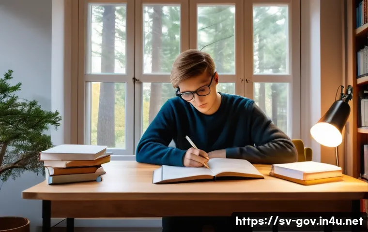 공무원 시험 준비 중 도움 되는 책 추천 - A cozy and well-lit Swedish study room featuring a young adult sitting at a wooden desk with neatly ...