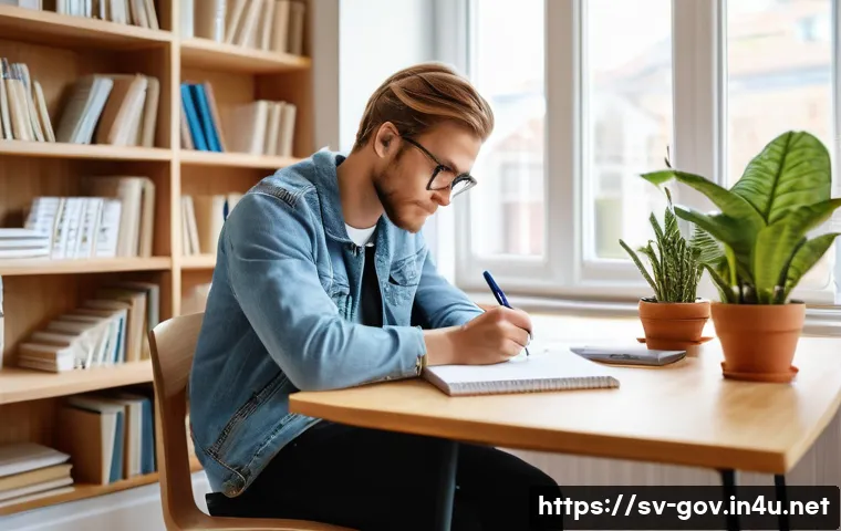 공무원 시험 문제 풀이 요령 - A focused young adult Swedish student sitting at a tidy wooden desk in a bright, modern study room, ...