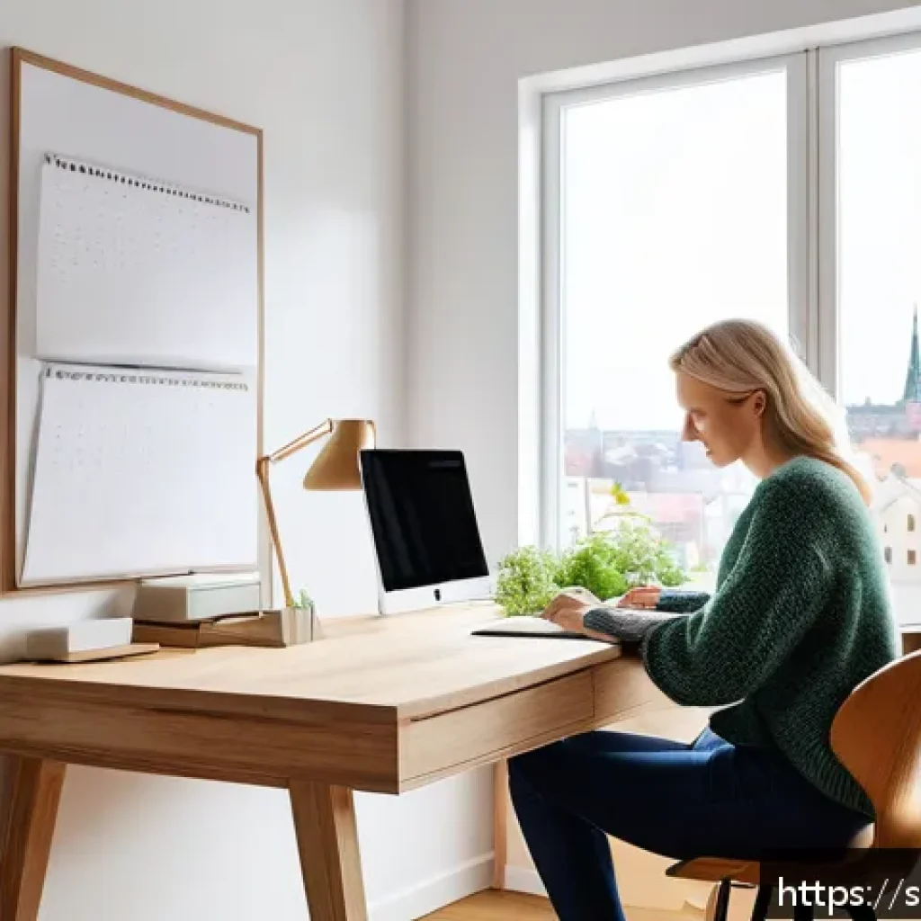 공무원 생활 중 직무와 개인 성장의 균형 찾기 - A modern Swedish home office setup emphasizing remote work balance: a bright, minimalist room with l...