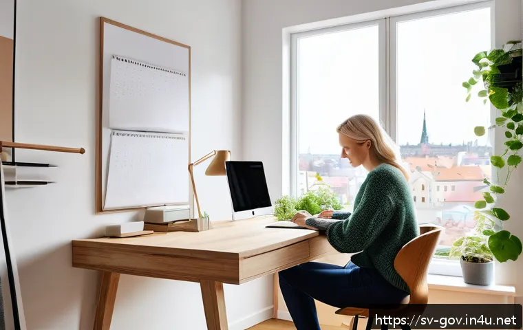 공무원 생활 중 직무와 개인 성장의 균형 찾기 - A modern Swedish home office setup emphasizing remote work balance: a bright, minimalist room with l...