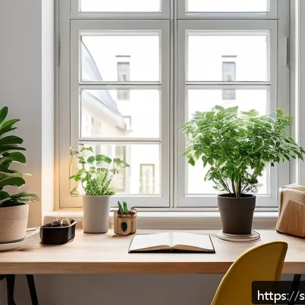 공무원 시험 공부에 최적화된 환경 - A cozy, well-organized home study space bathed in soft natural daylight from a large window, featuri...