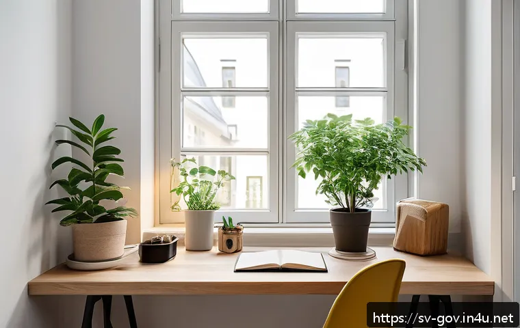 공무원 시험 공부에 최적화된 환경 - A cozy, well-organized home study space bathed in soft natural daylight from a large window, featuri...