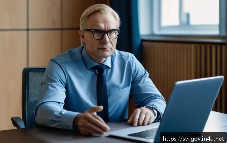 공무원 면접 필수 준비 사항 - A professional Swedish government office interview scene, featuring a middle-aged person dressed in ...
