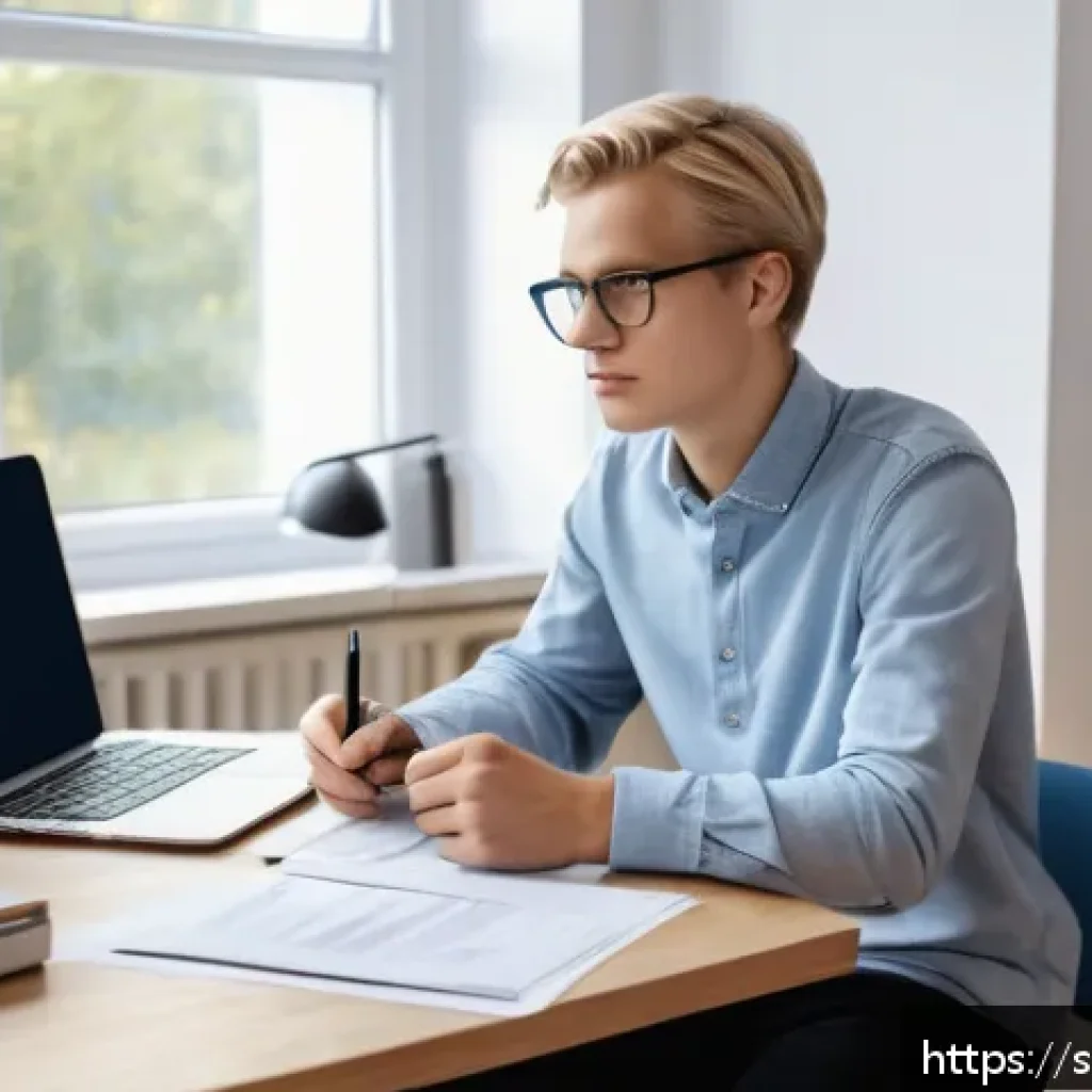 공무원 시험 응시 자격 조건 체크 - A focused young adult Swedish student sitting at a modern desk in a bright, Scandinavian-style home ...