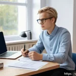 Home 21 공무원 시험 응시 자격 조건 체크 - A focused young adult Swedish student sitting at a modern desk in a bright, Scandinavian-style home ...