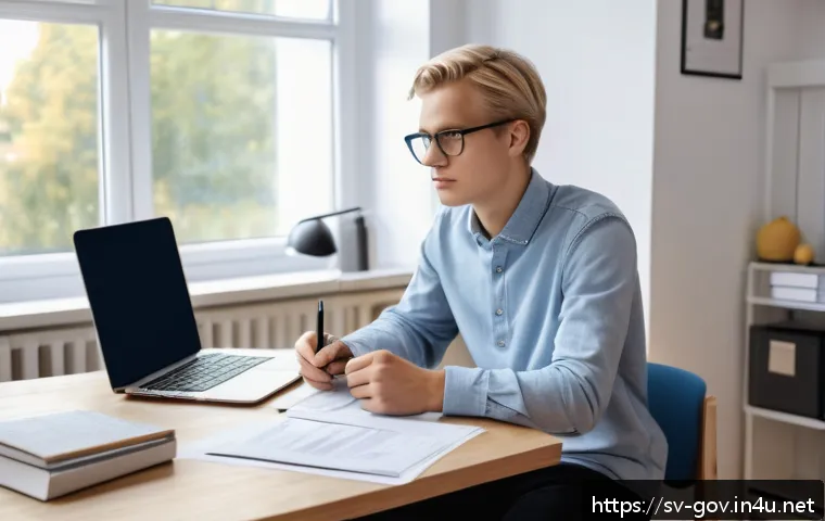 공무원 시험 응시 자격 조건 체크 - A focused young adult Swedish student sitting at a modern desk in a bright, Scandinavian-style home ...