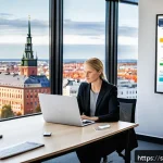 Home 20 공무원 생활에서의 시간 관리 사례 - A modern Swedish office environment during a busy workday, featuring a professional woman in busines...