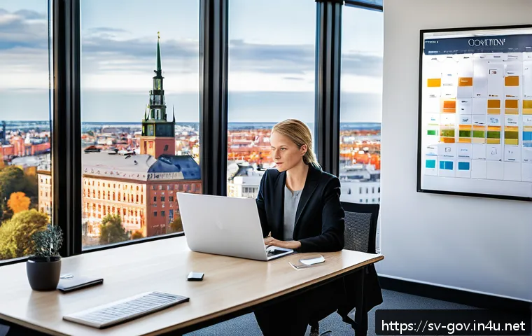 공무원 생활에서의 시간 관리 사례 - A modern Swedish office environment during a busy workday, featuring a professional woman in busines...