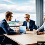 Home 18 공무원 시험 지역과 직렬 선택 전략 - A modern Swedish public sector office scene set in Stockholm, featuring diverse professionals in bus...