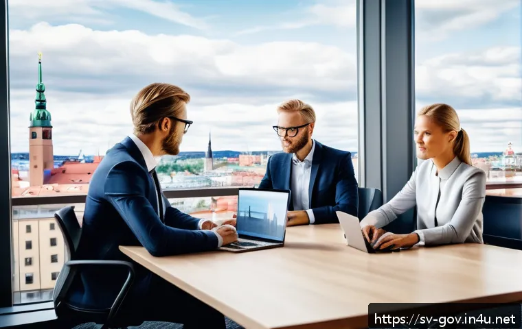공무원 시험 지역과 직렬 선택 전략 - A modern Swedish public sector office scene set in Stockholm, featuring diverse professionals in bus...