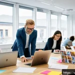 Home 23 공무원 업무 스트레스 극복 사례 - A bright modern Scandinavian office environment with a diverse group of professionals collaborativel...