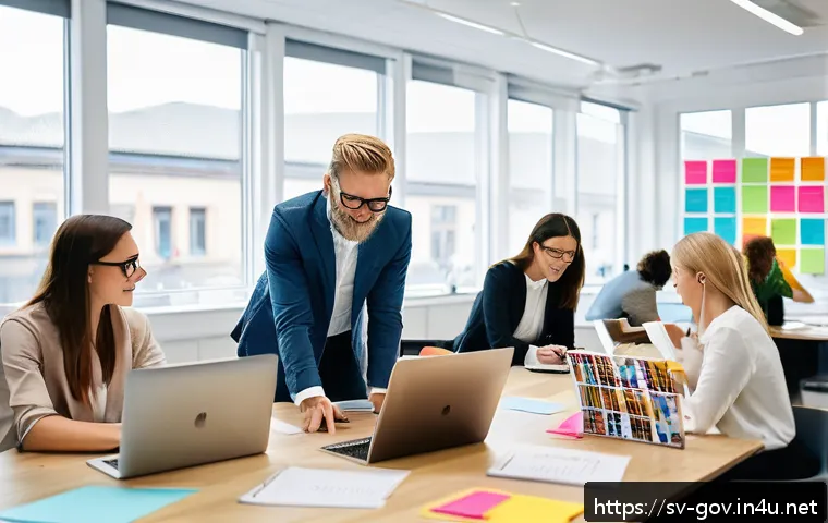 공무원 업무 스트레스 극복 사례 - A bright modern Scandinavian office environment with a diverse group of professionals collaborativel...