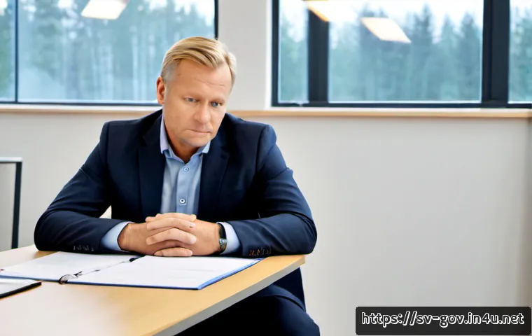 Home 17 공무원 승진에서 실패한 이유 - Photorealistic Swedish municipal office, a middle-aged civil servant sitting alone at a tidy desk af...