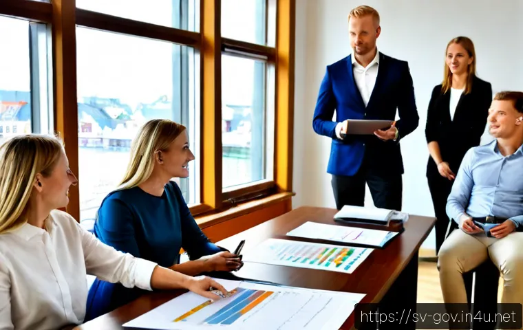 공무원 조직 내 주요 성과 사례 분석 - Photorealistic Swedish municipal office performance review, diverse public-sector team of profession...